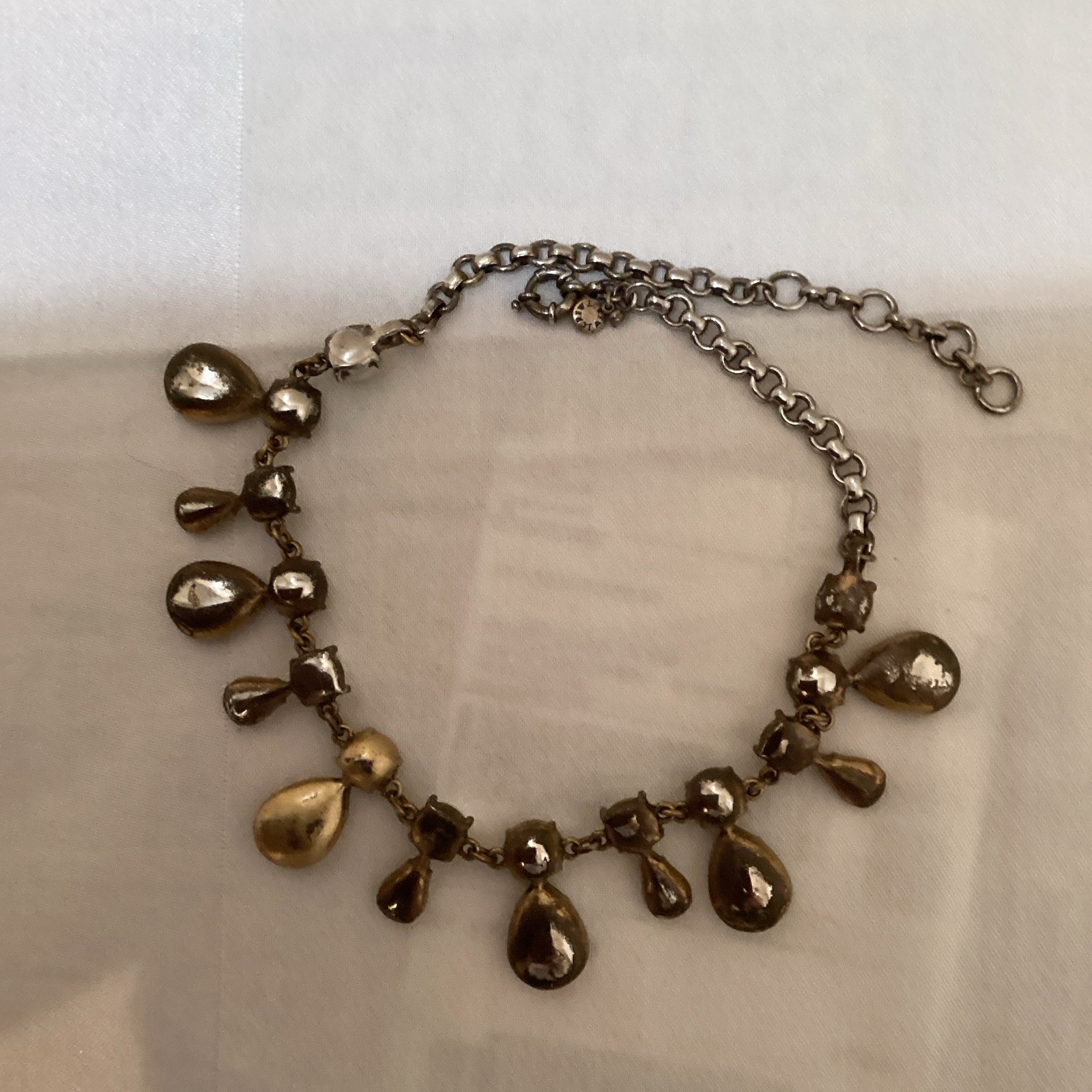 Statement Bib Necklace Silver Tone Faux Pearl Clear Teardrop Crystal Adjustable
