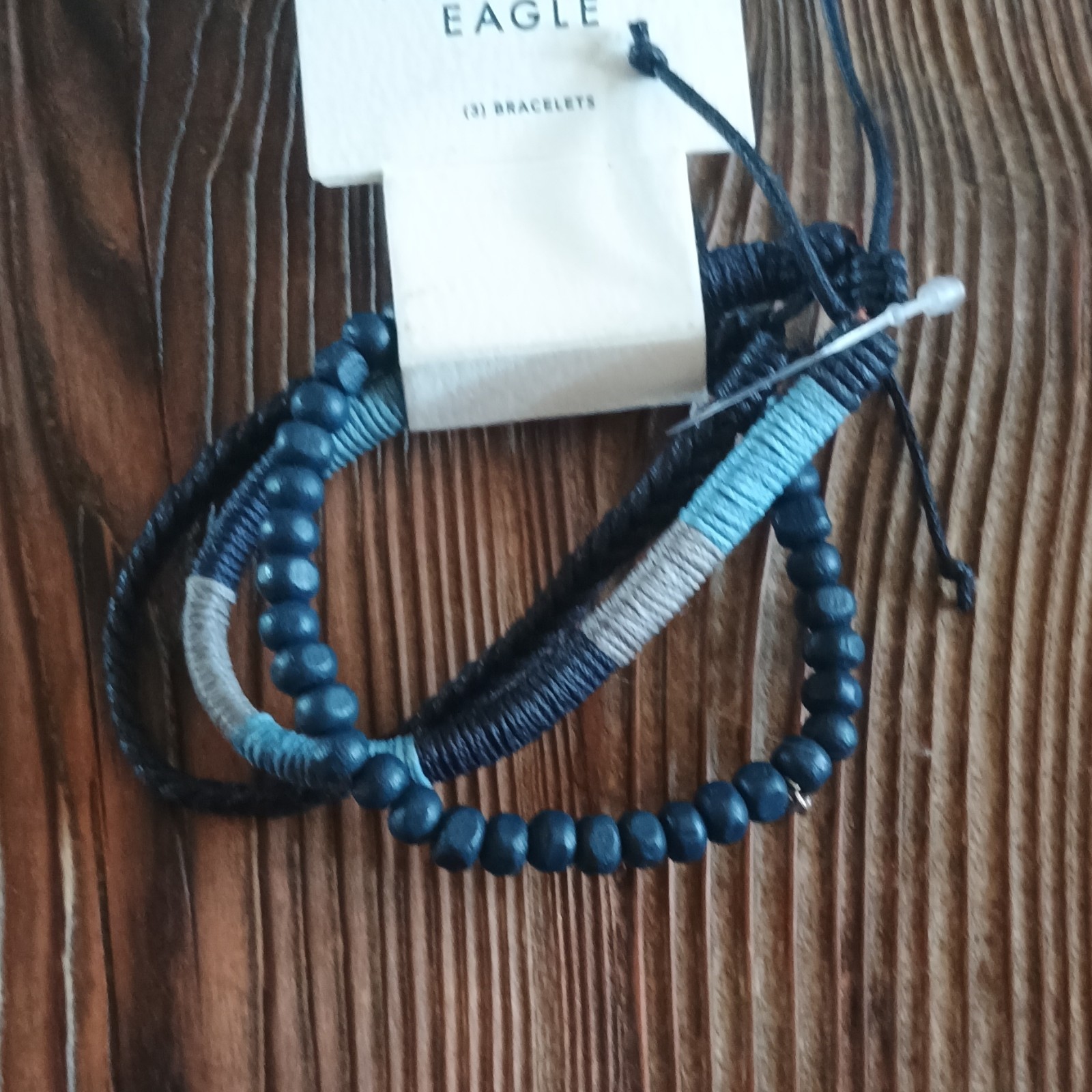 American Eagle 3 Bracelets Set Blue Beaded Wrap Adjustable Cord Wood