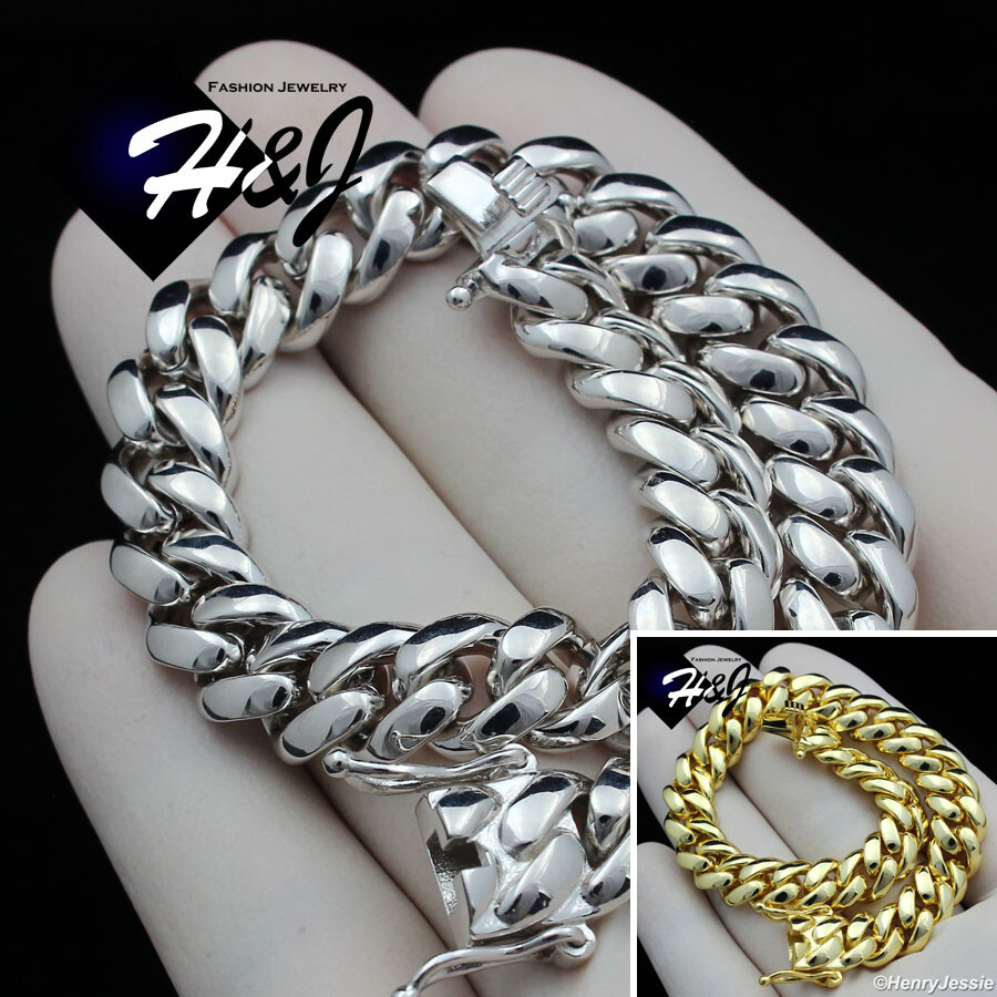 7″-8.5″MEN 925 STERLING SILVER 7MM/10MM GOLD PLATED/SILVER MIAMI CURB BRACELET