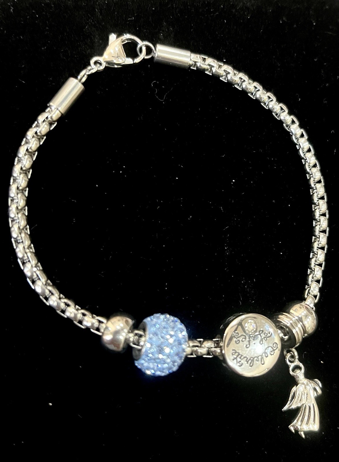 Celebrate Life Silver Charm Bracelet W/Angel & Blue Crystal Charm, 7.4 In