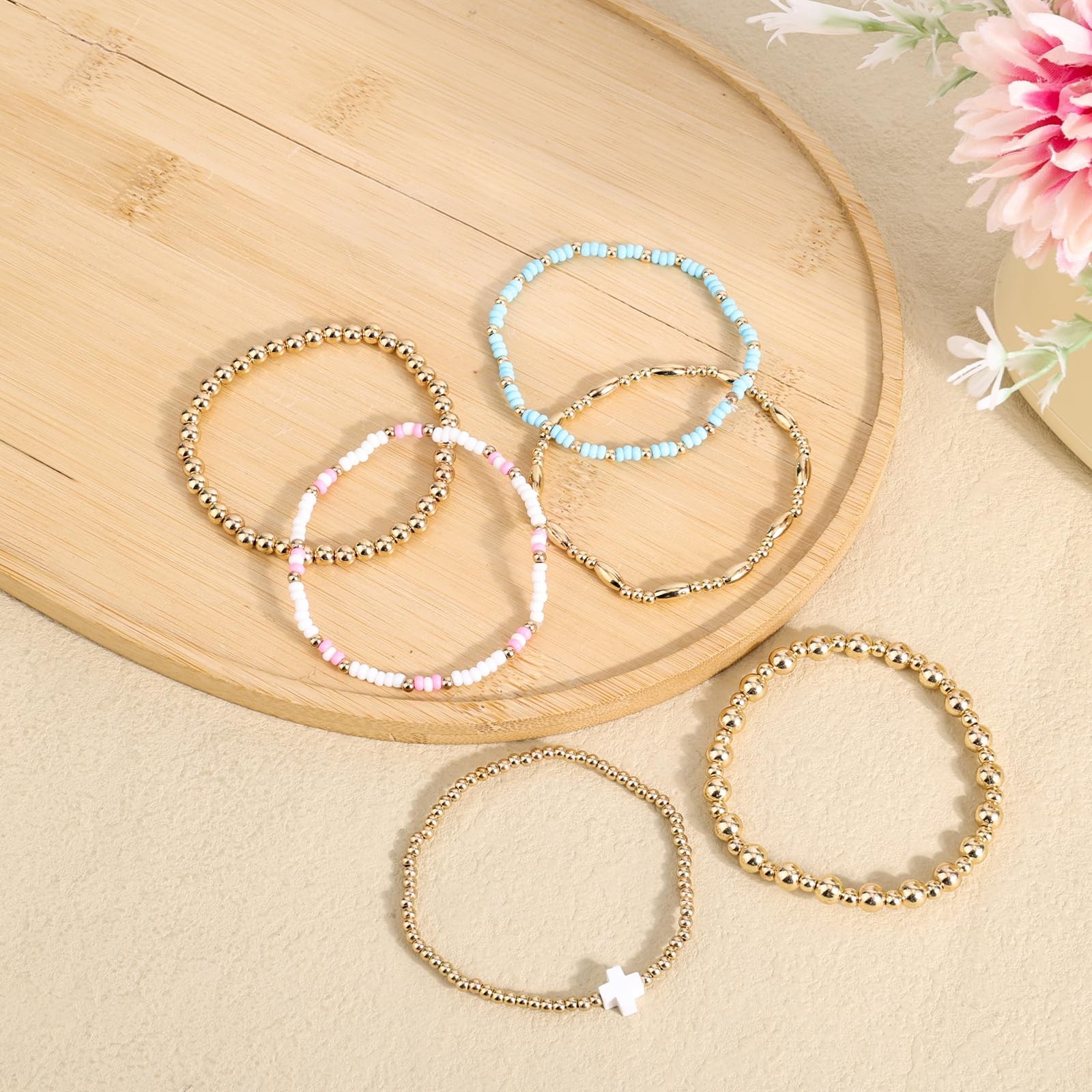 Mikovivi Beaded Cross Bracelets, 6pcs Stack, Gold, White, Blue, Pink, Resin