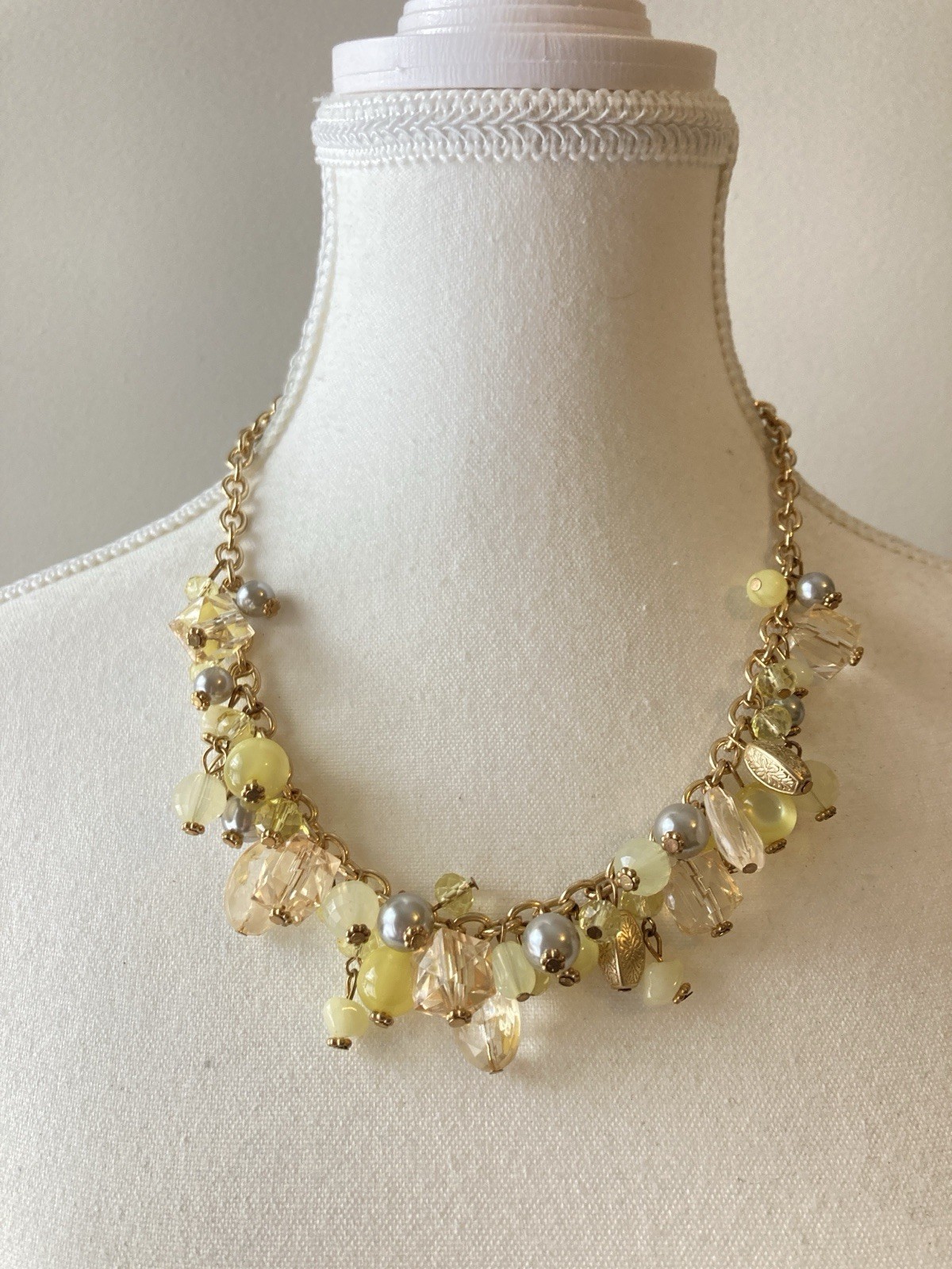 Yellow Cluster Charm Necklace Gold Tone Chain Chunky Beaded Statement Evening