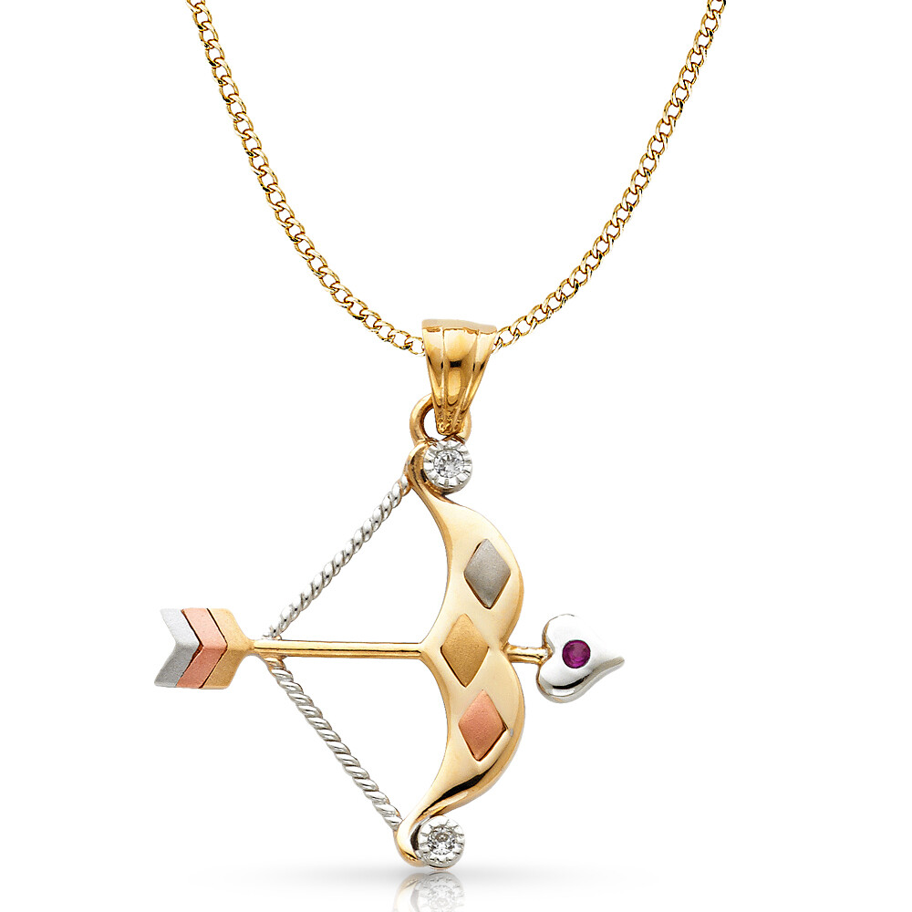 14K Tri Color Gold CZ Bow & Arrow Charm Pendant & 4.9mm Cuban Chain Necklace