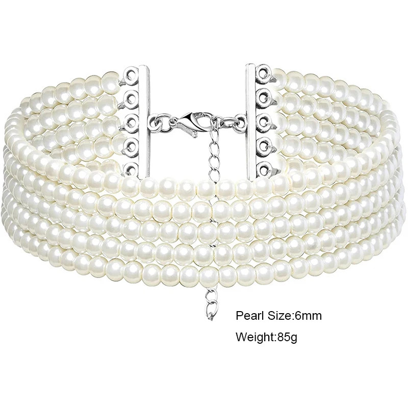 Faux Pearl Layered Collar Choker Necklace Women White Beaded Rope Jewelry