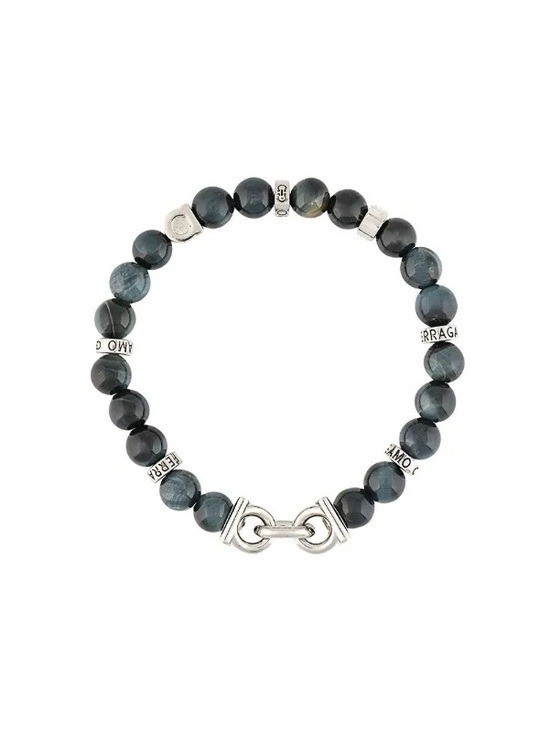 Ferragamo Semi Precious Stone Silver-Tone Blue Beaded Gancini Bracelet NEW