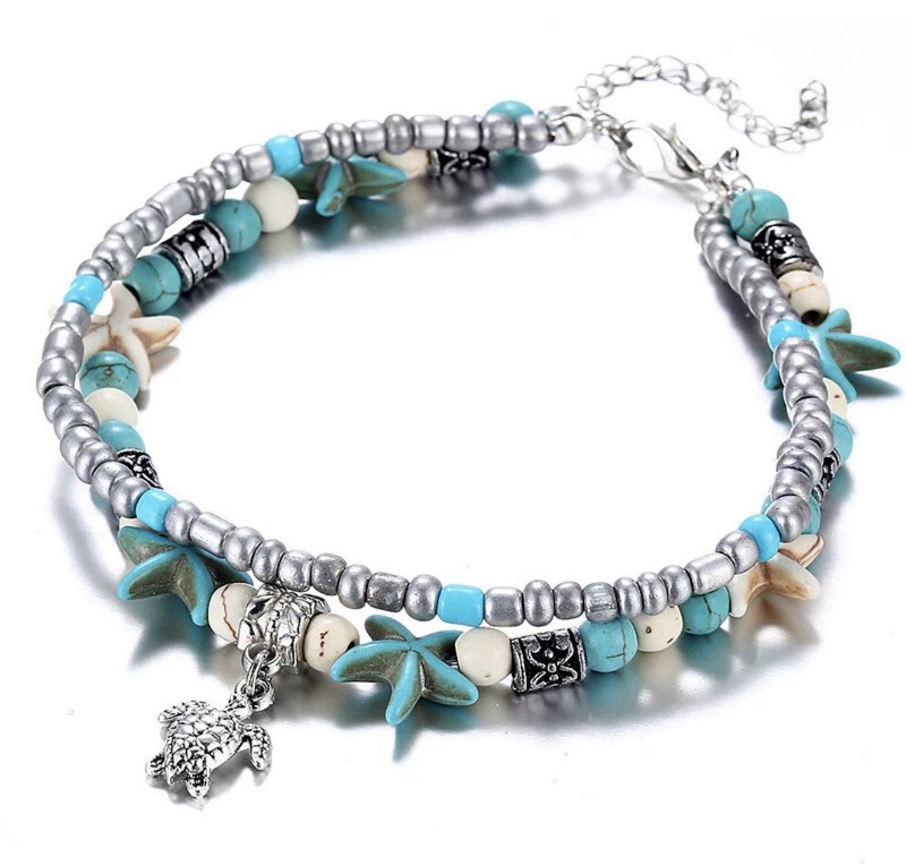 Womens Tibetian Sterling Silver Beach Starfish Turtle Anklet Adjusts8″to10″ D216