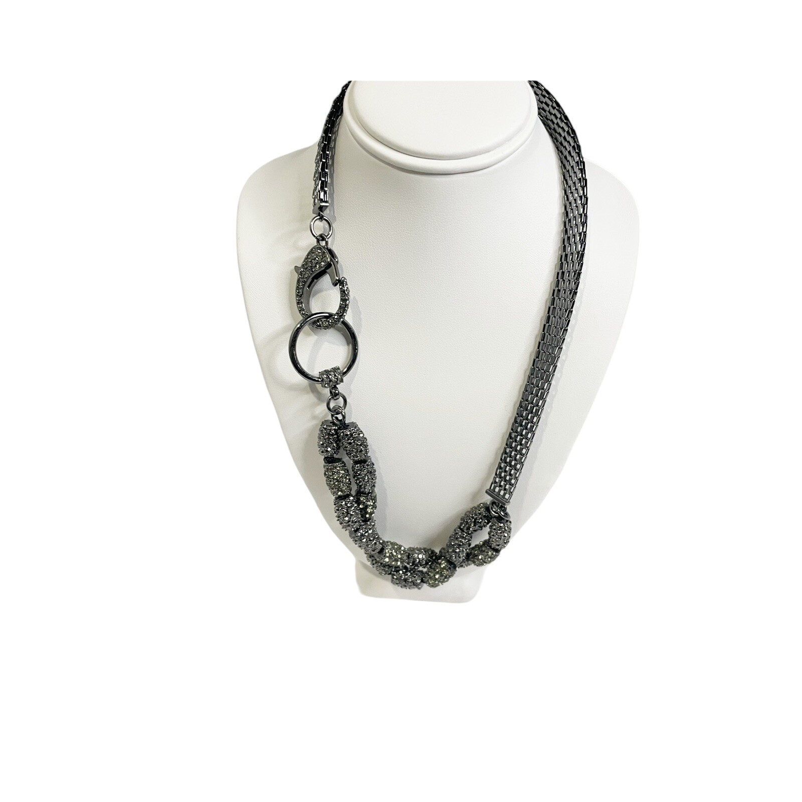 Gunmetal Gray Necklace Interlocking Metal Mesh Links Shiny Tube Beads Strand