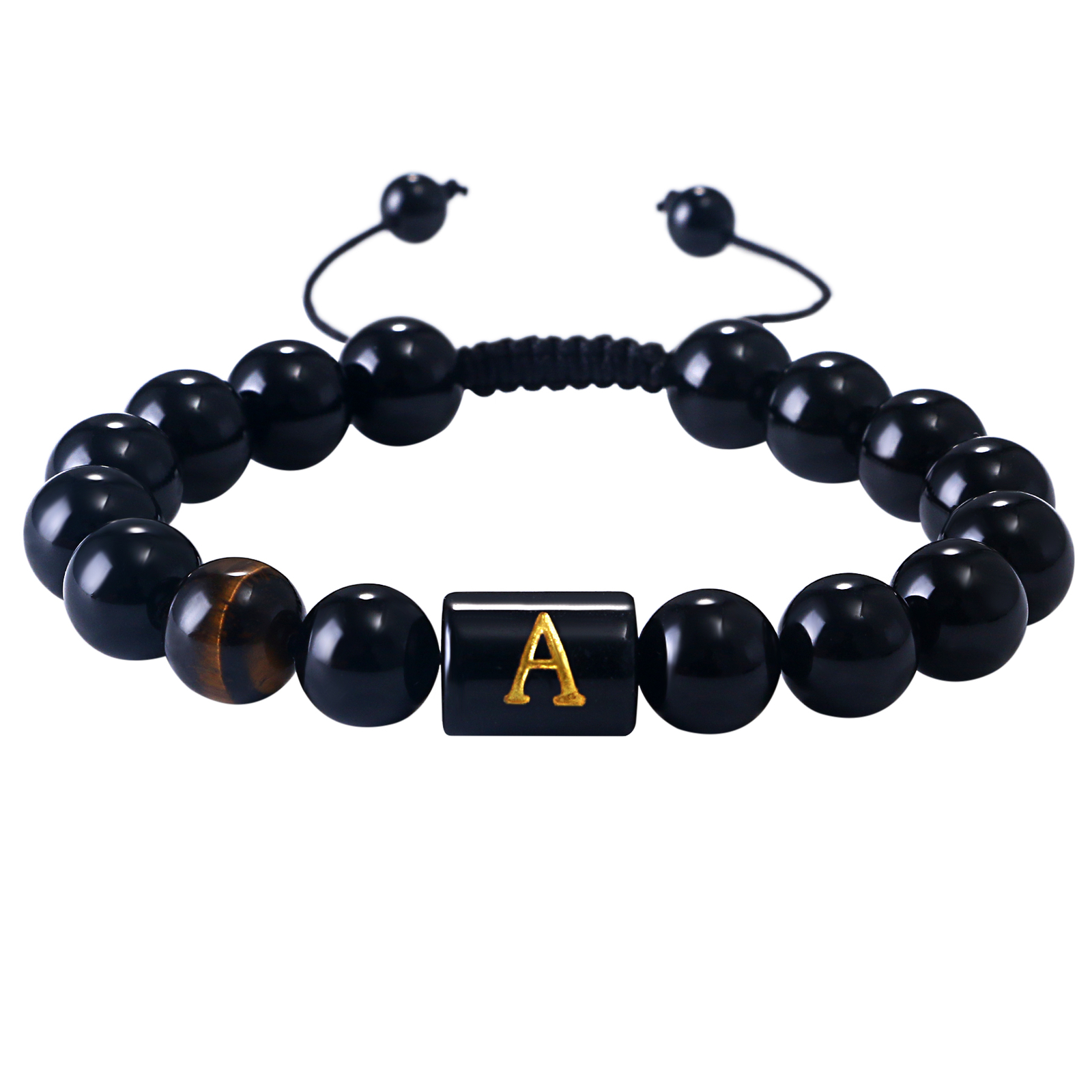 Initial Letter Bracelet For Men Black Onyx Tiger Eye Stone Beads Bracelet 10mm