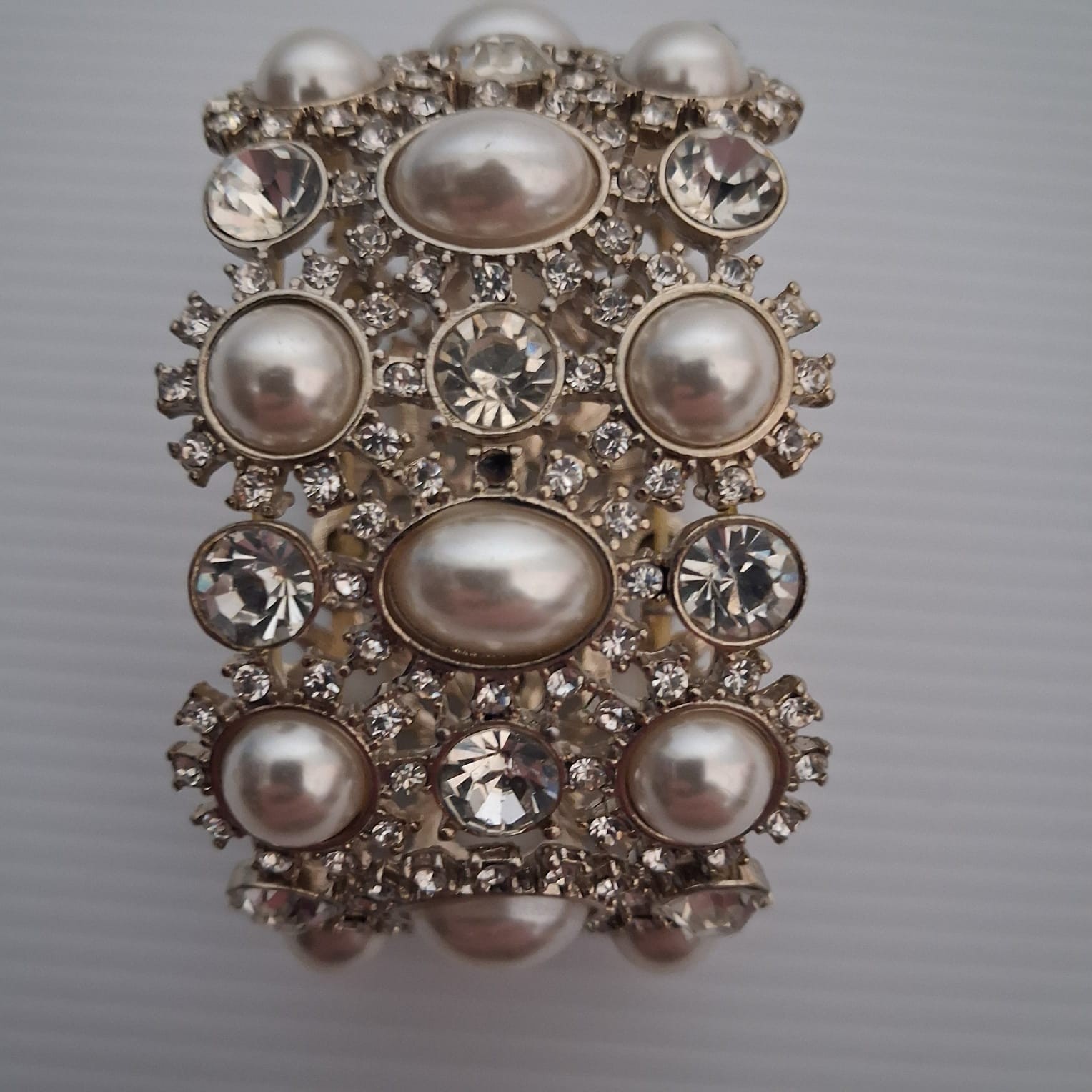 Gold Tone Faux Pearl Rhinestone Stretch Cuff Bracelet Wide Statement Wedding