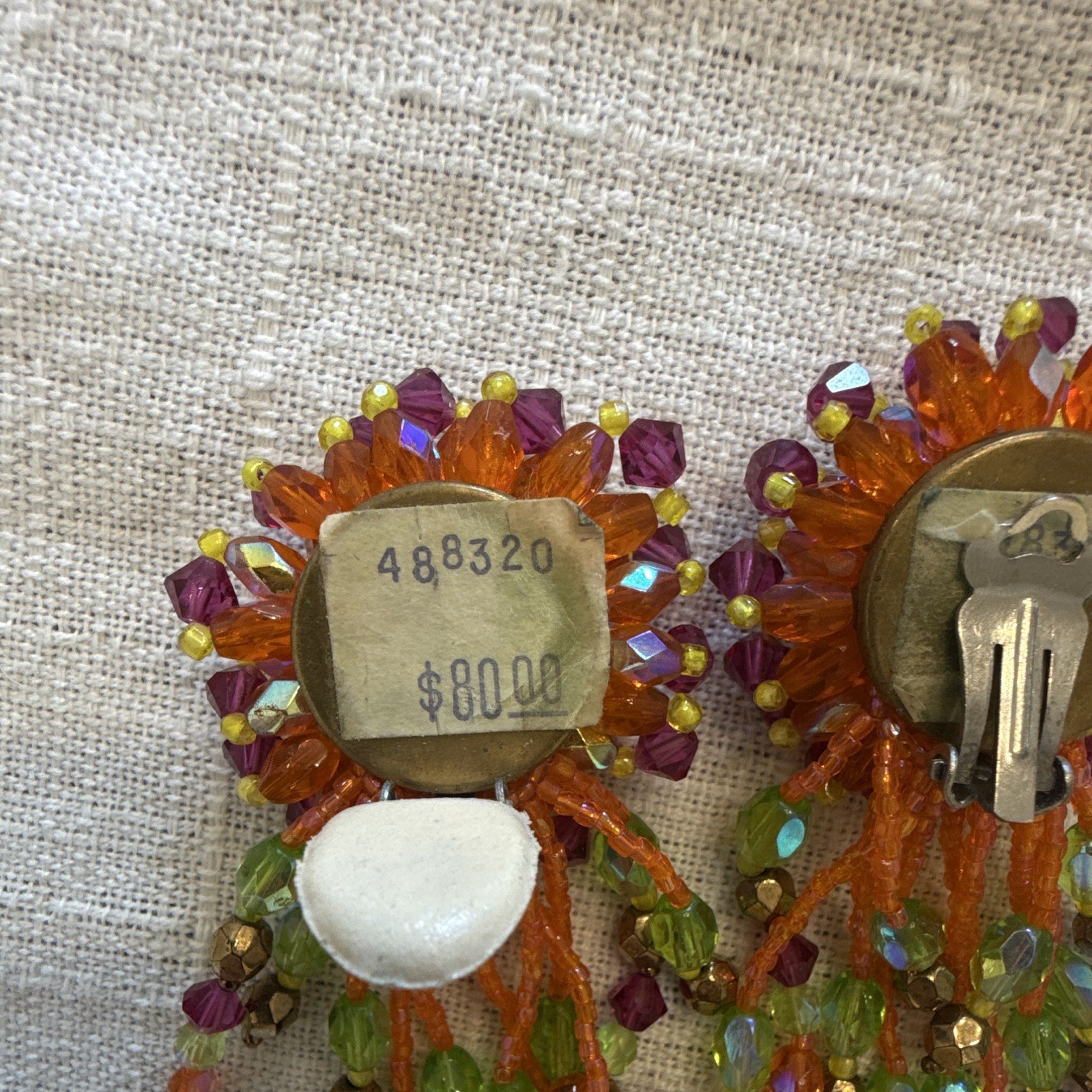 Lot of 2 Vintage Statement Clip-On Dangle Beaded Earrings Multicolor Good Cond