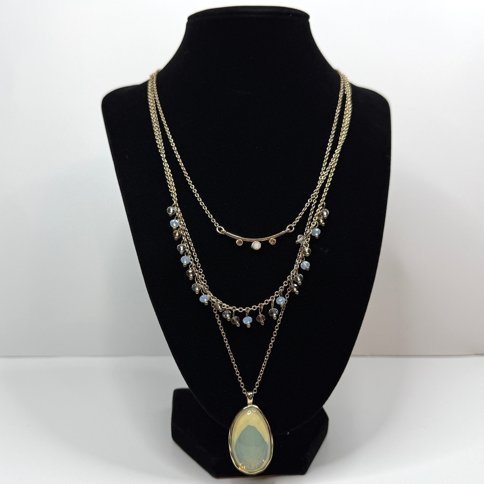 Multi-Strand Layered Statement Necklace Gold Tone Opal Cabochon Rhinestone 21 in