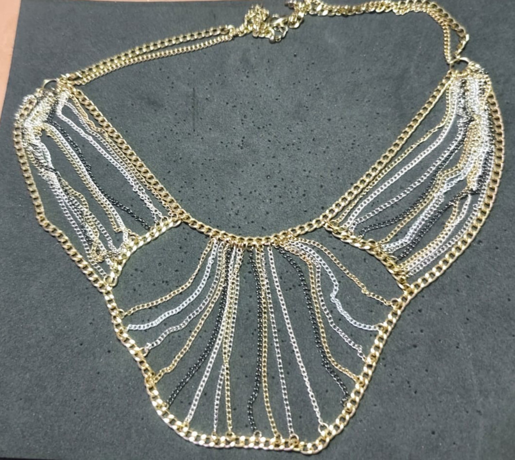 Statement Bib Necklace Gold Silver Tone Layered Chain Fringe 24″ 61cm Necklace