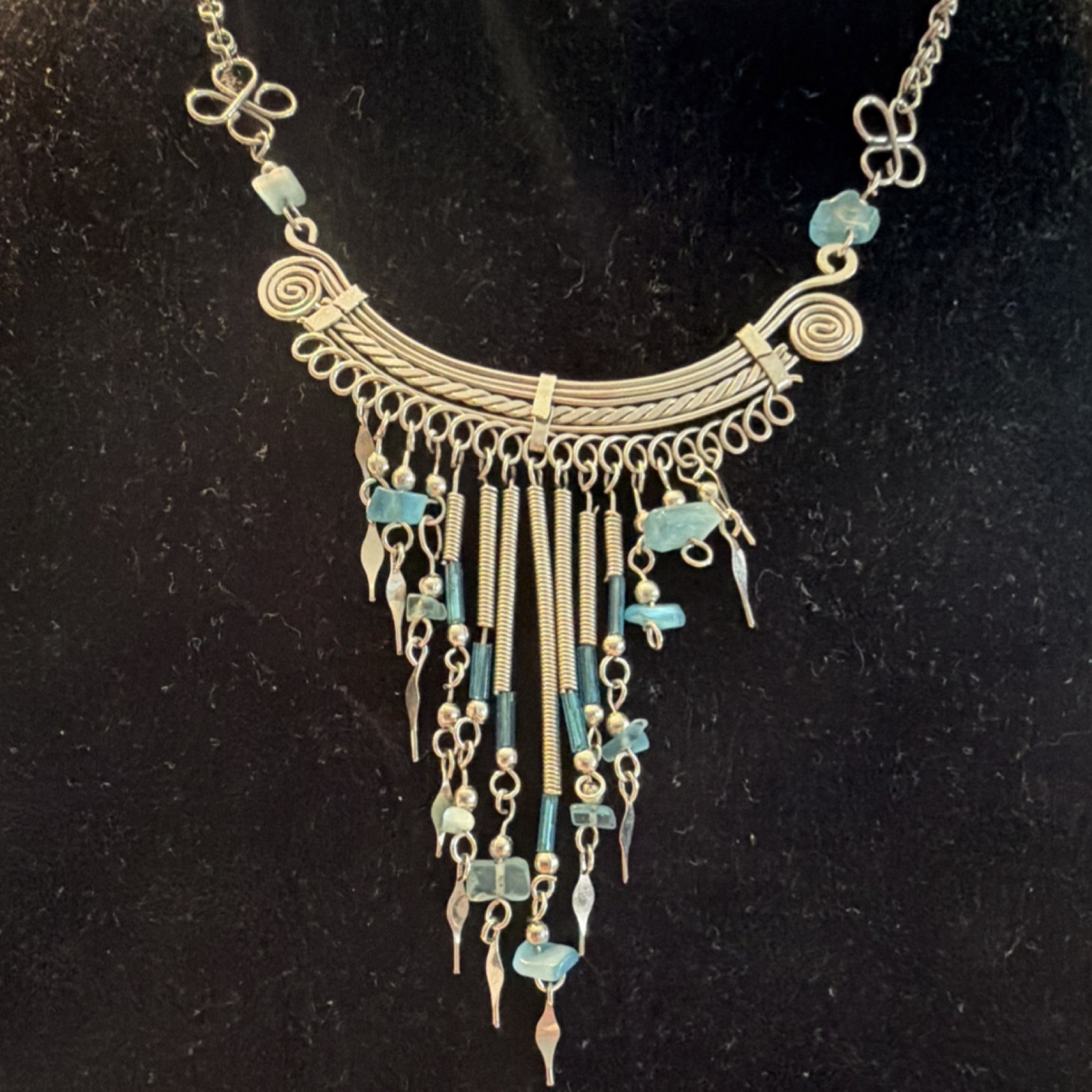 Statement Necklace Silver Tone Blue Chip Tassel Fringe Pendant
