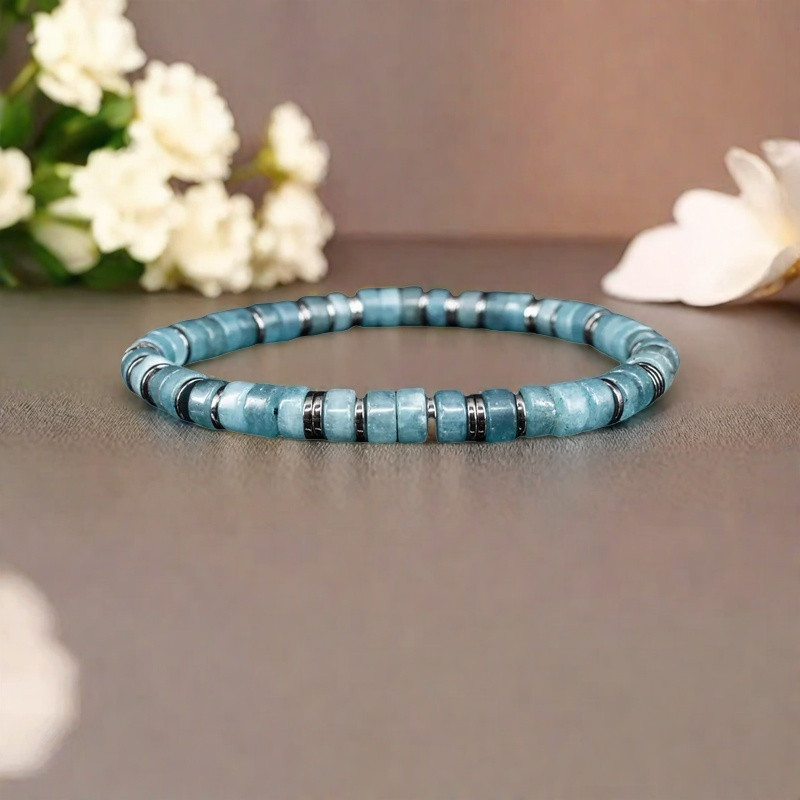 6mm Aquamarine & Hematite Beads Healing Reiki Stretch Bracelet Gift for Women