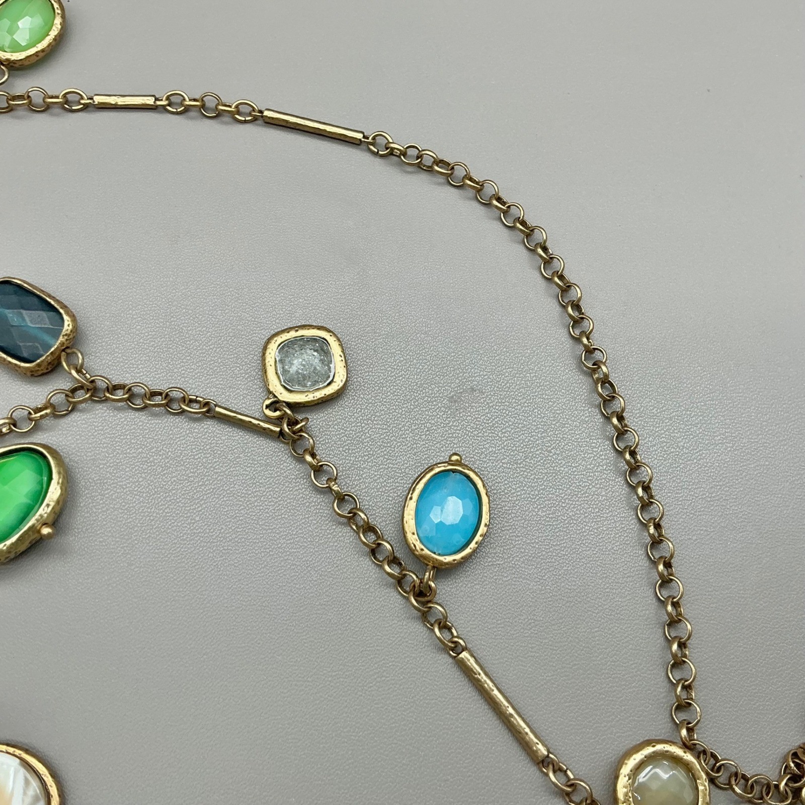 Chico’s Necklace Gold Tone Multicolor Faux Stone Station Chain Statement 34″