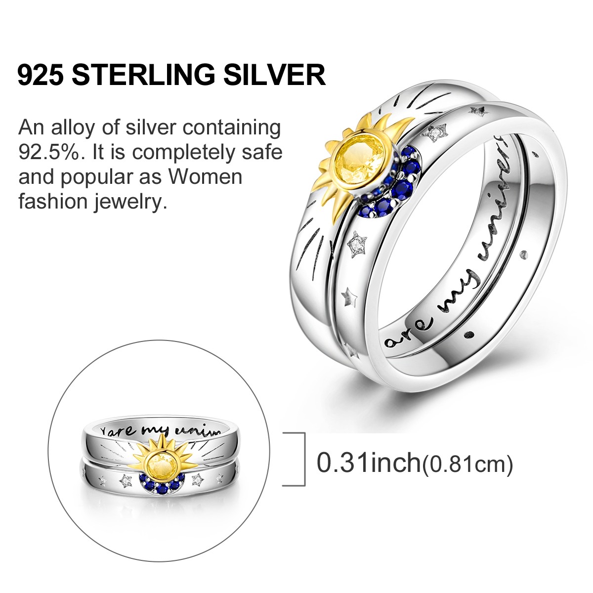 LAZA Original 925 Sterling Silver Ring Moon Sun Stars AAA CZ for Women Jewelry