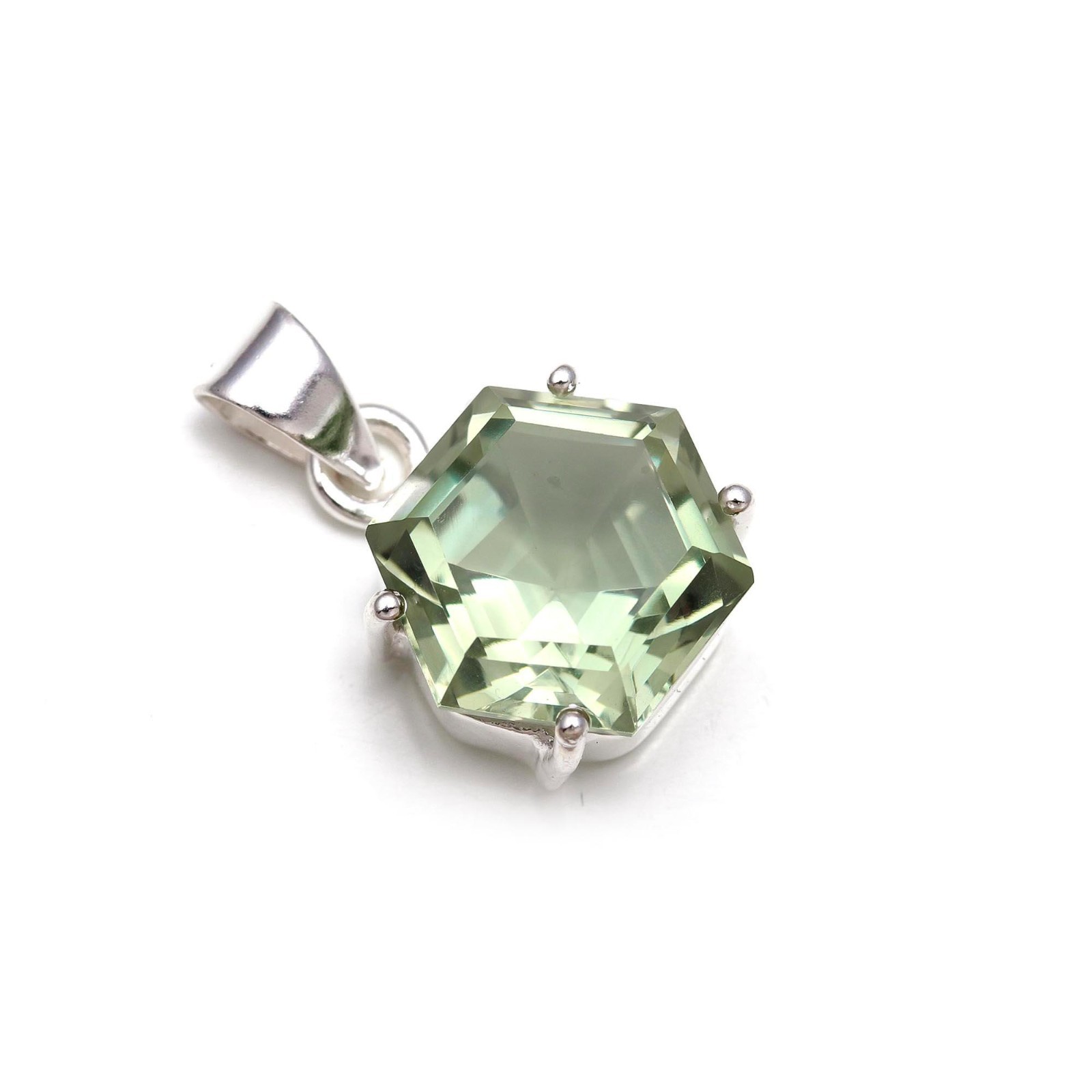 Natural Green Amethyst Hexagon Pendant 925 Sterling Silver Jewelry Gift For Her