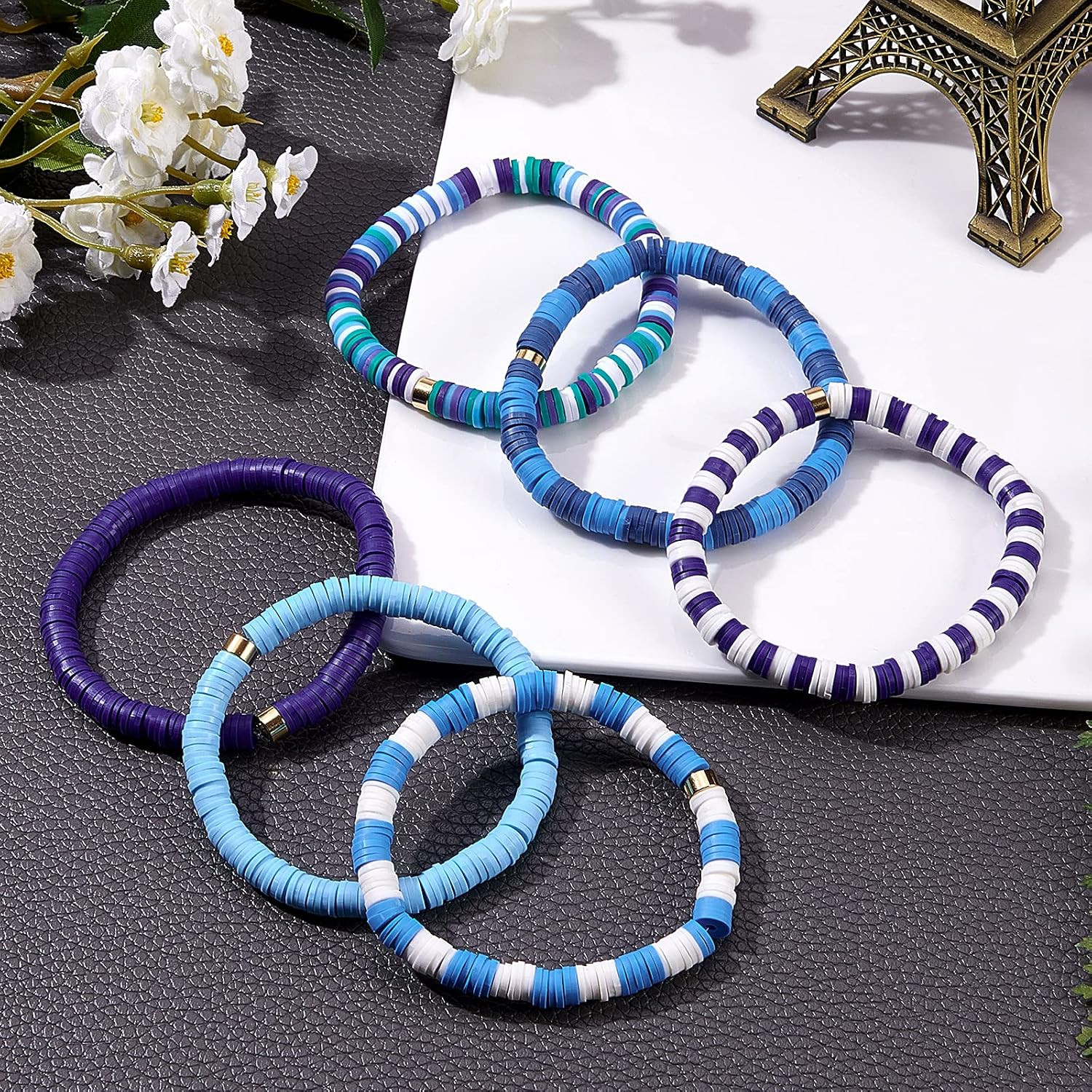 6PCS Heishi Surfer Bracelets Set 6mm Polymer Clay Heishi Beads Stretch Bracelets