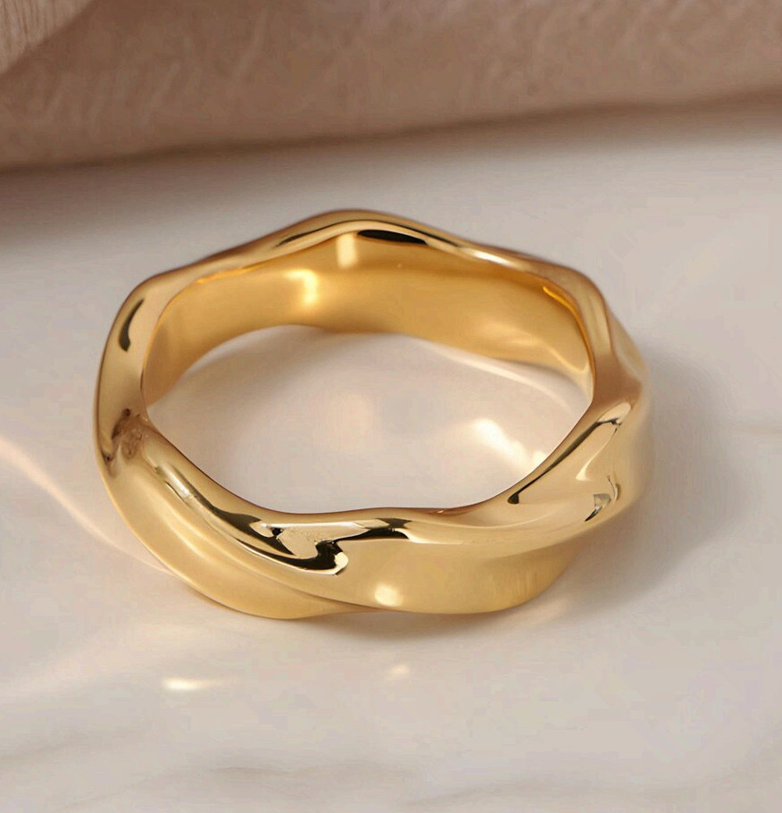 Gold Surgical Steel Wave Ring Minimalist Textured Liquid Band