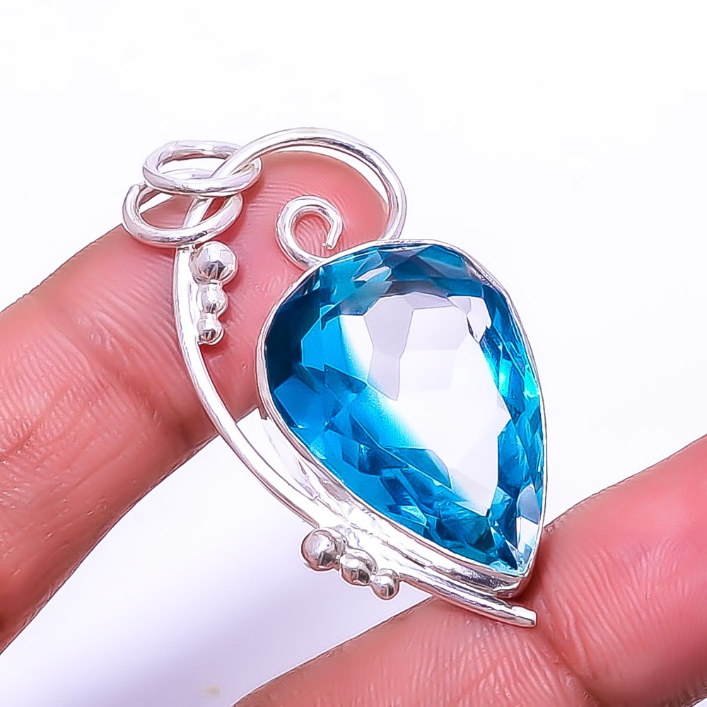 Bi-Colour Blue Topaz Designer Handmade 925 Sterling Silver Pendant 1.72″ P64