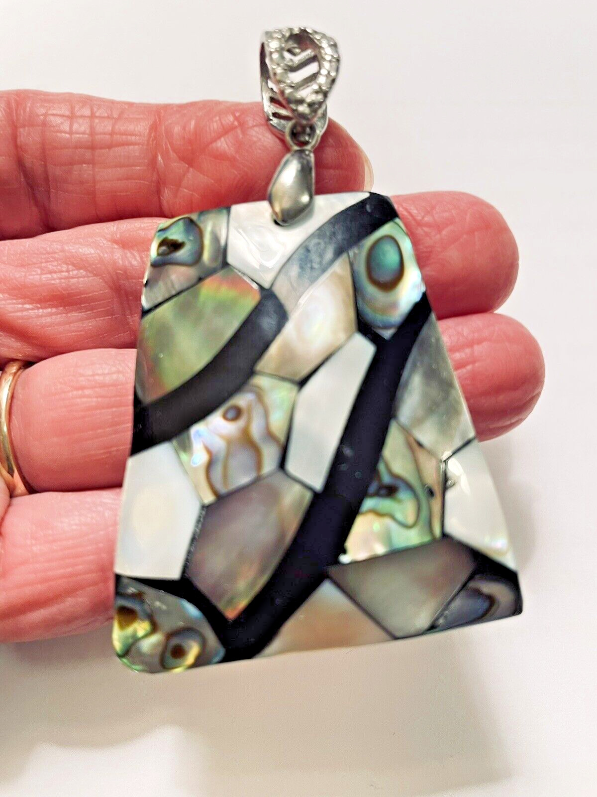 Abalone Pendant Mosaic Shell & Onyx 2 1/2″ Lovely Eyecatching Statement