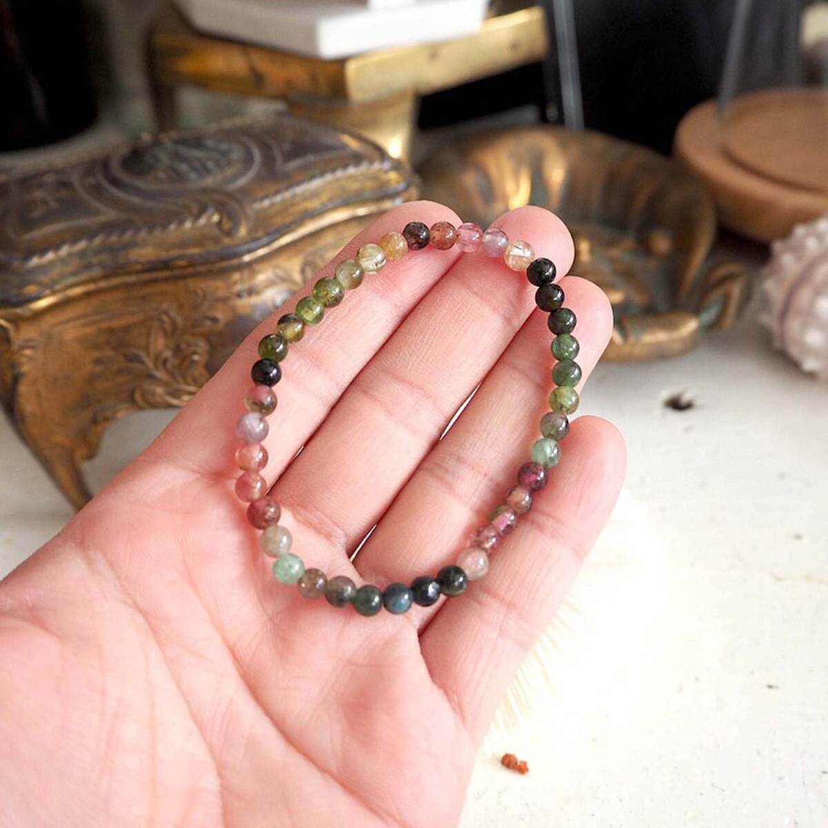 Rainbow Tourmaline Crystal Gemstone Stretch Dainty Bracelet Minimalist 4mm Beads
