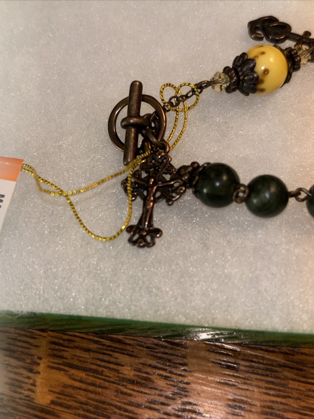 QVC Connemara Marble Bronzetone Antiqued Rosary Bracelet, yellow Stone, Avg NIB