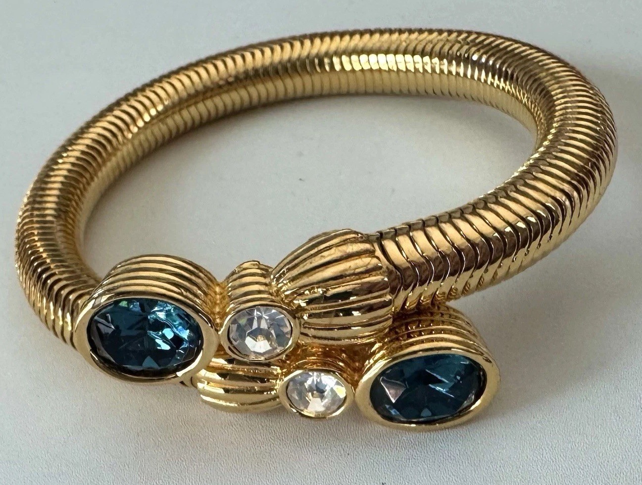 Gold Tone Coil Bangle Bracelet Blue Rhinestone Cluster Flex Tubogas