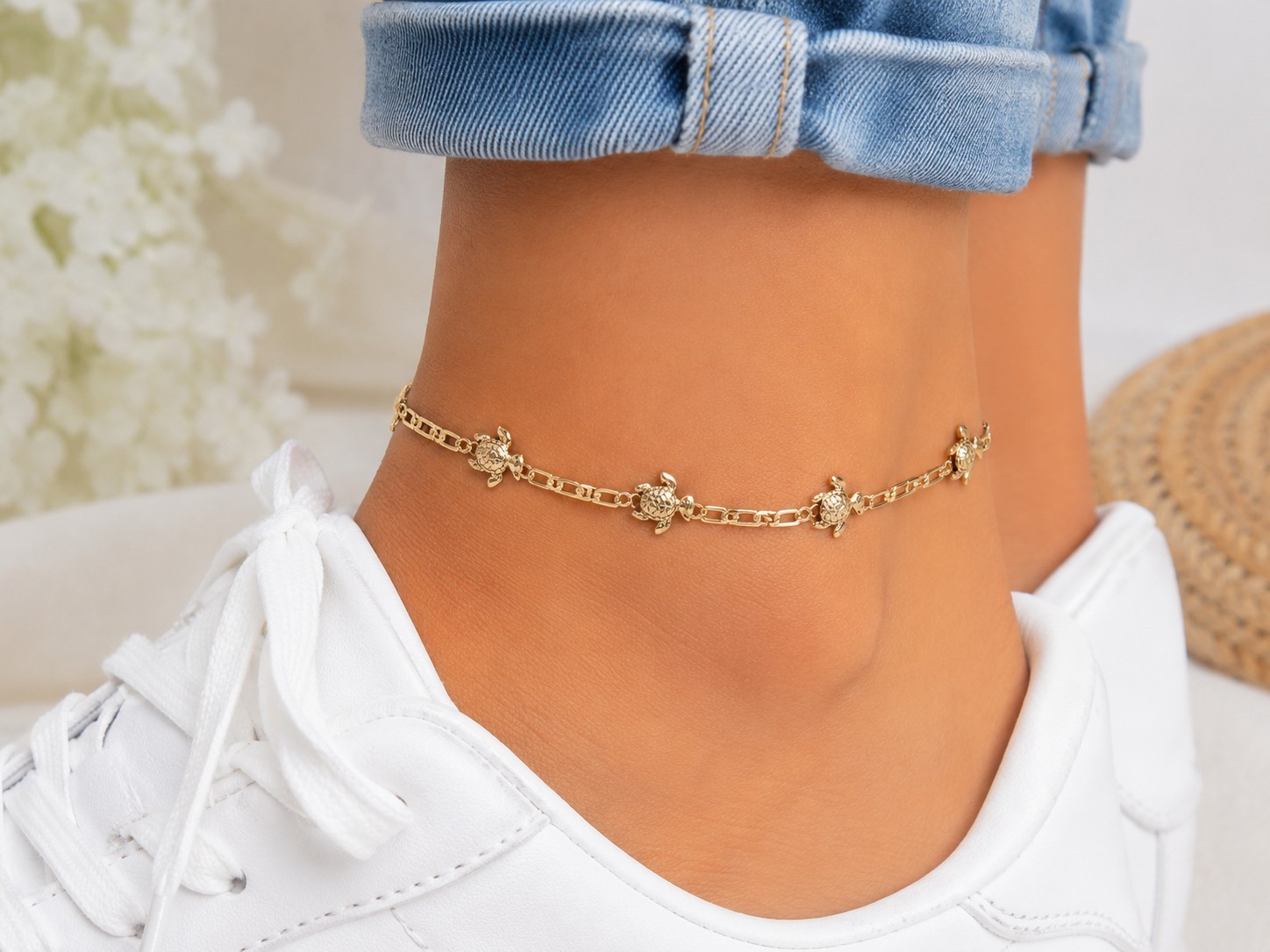 14K Gold Filled Sea Turtle Anklet 10″ Marine Link Chain 3mm Waterproof Beach…