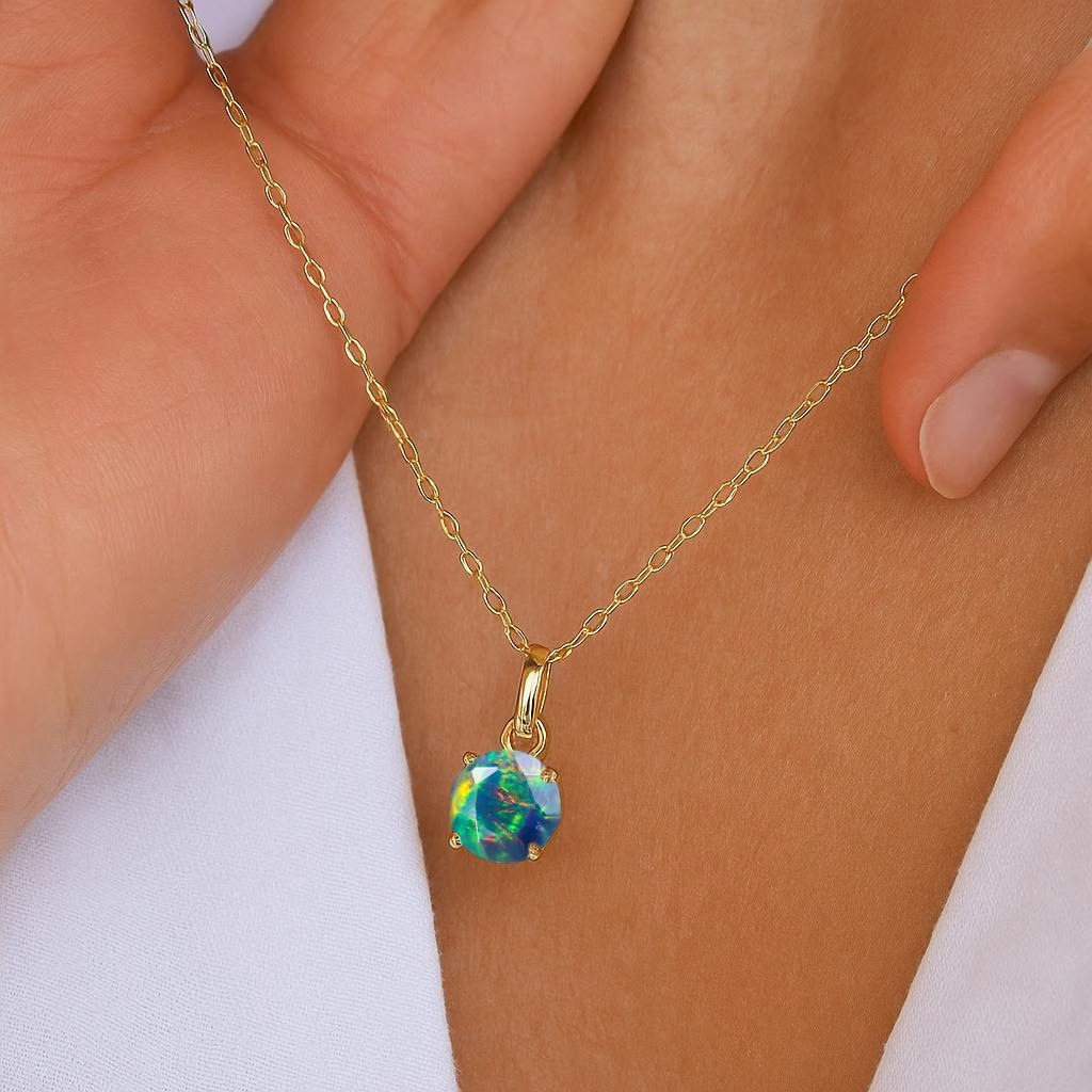 Black Fire Opal Round Gemstone Pendant Necklace, Ethiopian Opal Gemstone Gold