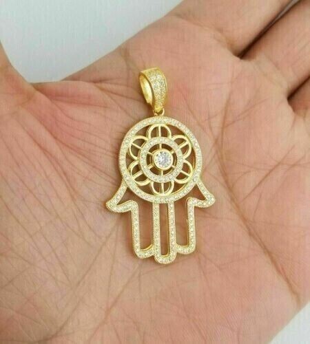 14K Yellow Gold Plated Humsa Hand Charm Pendant 2Ct Round Cut Simulated Diamond
