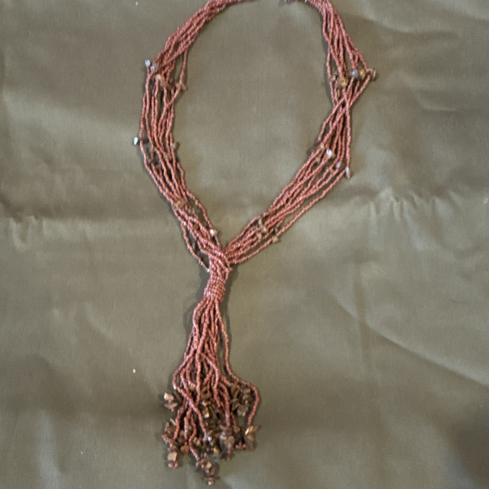 Brown Multi-Strand Seed Bead Tassel Statement Necklace Glass Ball/Bead Chain