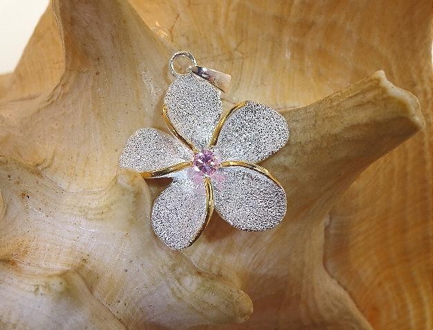 26mm Yellow Gold Plated 925 Silver DC Sand Hawaiian Plumeria Pink CZ Pendant
