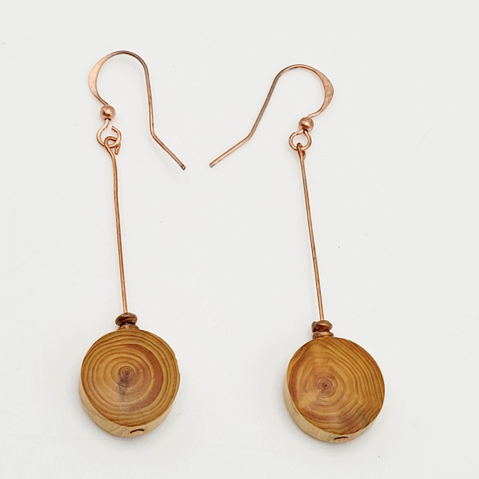 Artisan Handcrafted Round Wood Slice Drop Earrings Long Copper Wire Tree Ring