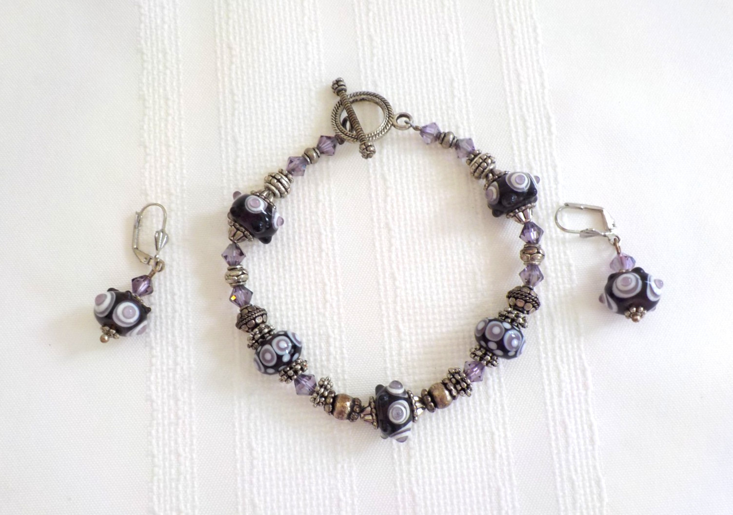 Lampwork Black Purple White Bead Bracelet Pierced Earrings Round Toggle Bumpy