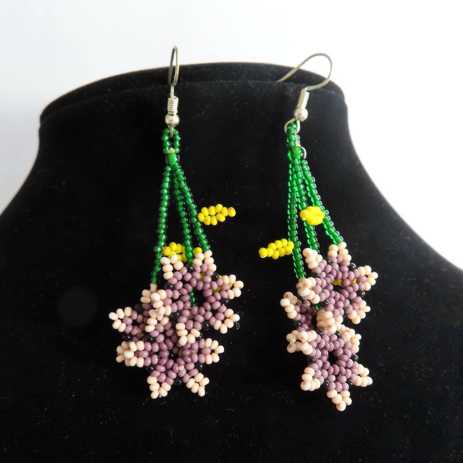 Beaded Dangle Earrings Pink Purple Flowers Huichol Handmade Mexican Folk Art