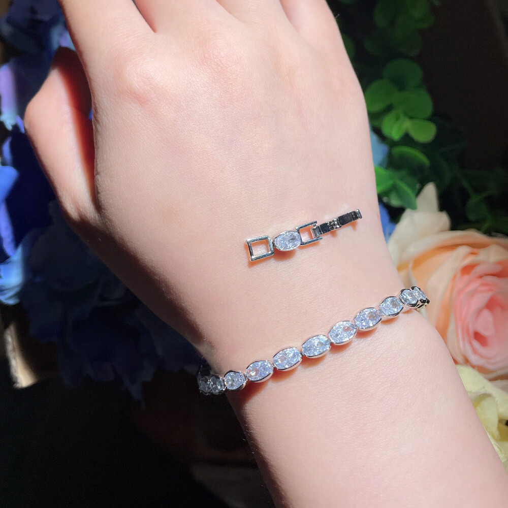 Silver Plated Cubic Zirconia Crystal Oval Bracelet Bridal Pageant Bangle Jewelry