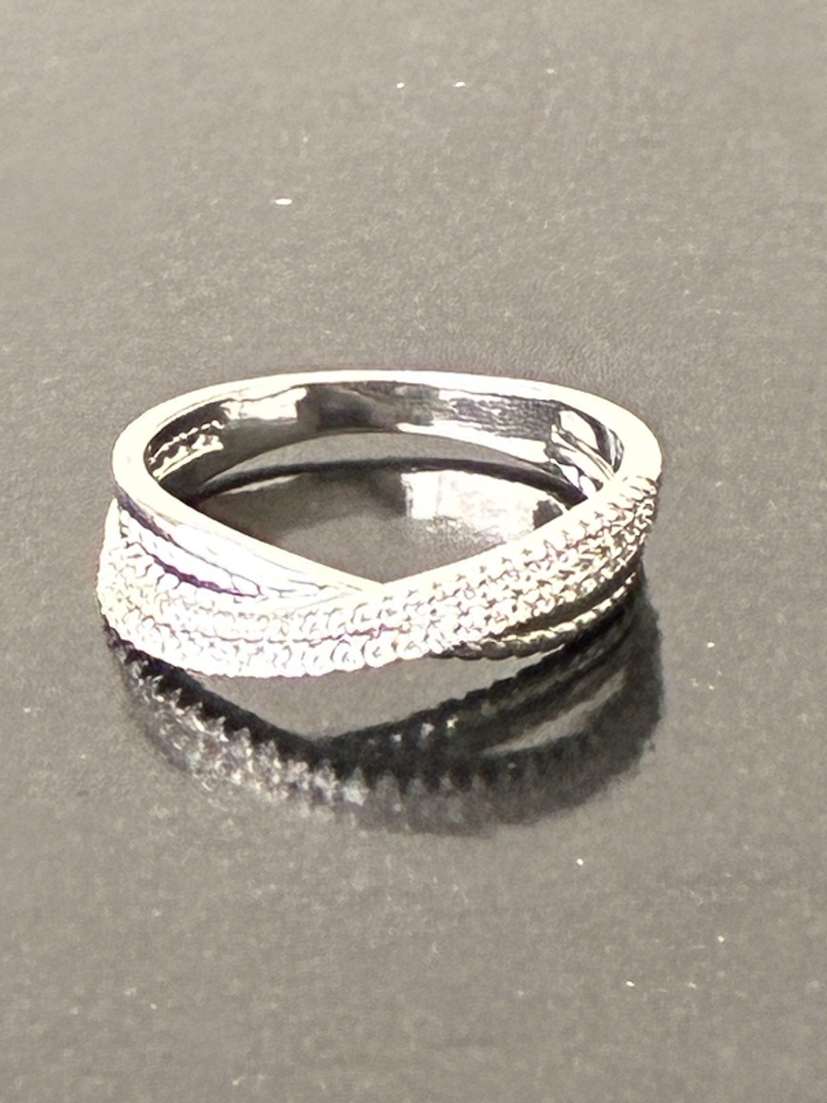 White Gold Plated Pavé Crisscross Band Ring Clear Round Stones Sz 10