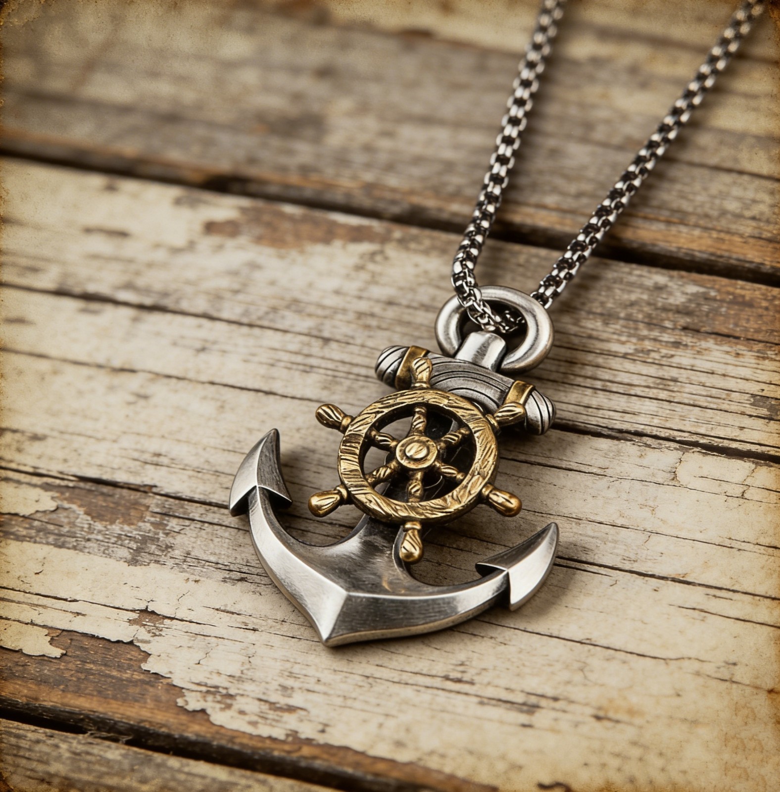 Men’s Retro 3D Boat Anchor & Rudder Two-tone Alloy Fashion Box Chain Necklace