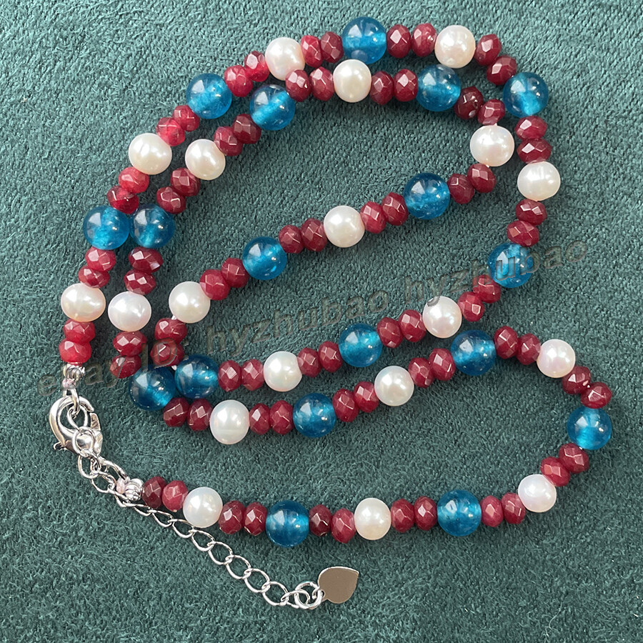 14-50″ Faceted Roundel Red Ruby &Round Apatite Gems & White Pearl Beads Necklace