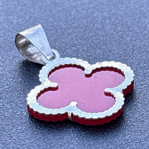 Silver 925 Red Enamel Clover Pendant Charm, Flowers & Plants Theme, No Stones