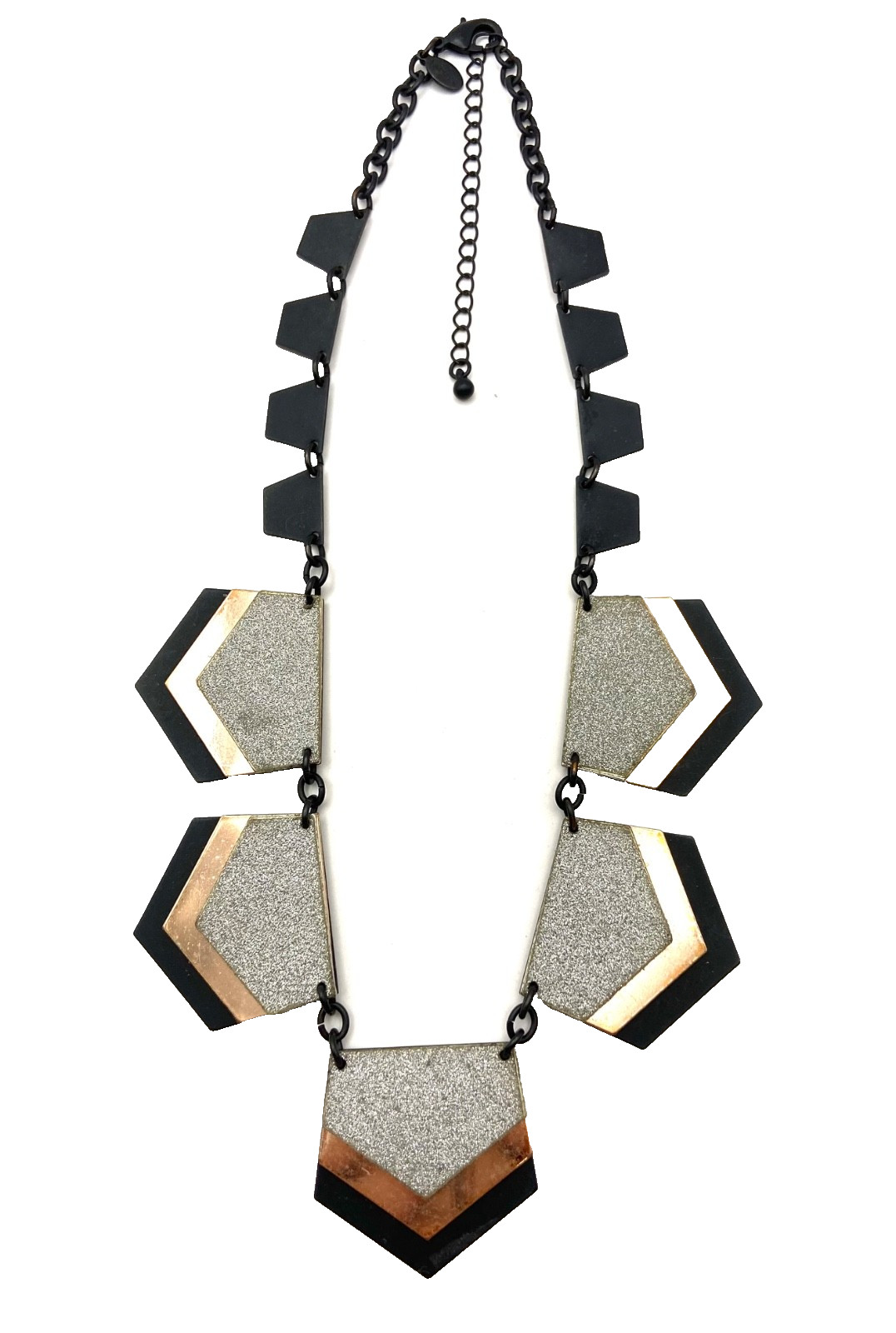 Express Black Triple Layer Pentagon Panel Necklace Tri-Tone Glitter Statement