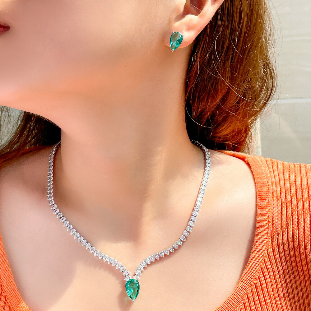Charming Silver Plated CZ Green Necklace Earrings Jewelry Set for Brides Wedding