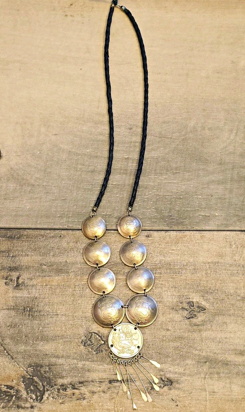 Vintage Peruvian Coin Artisan Made Necklace 9 Coins Soles De Oro