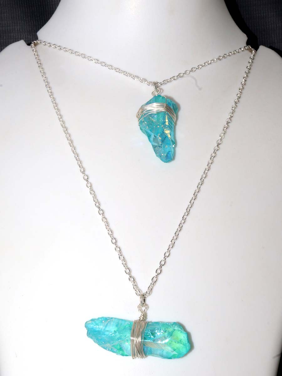 Wire-Wrapped Drop Blue Titanium Aura Quartz Necklace 18″ Gemstone Jewellery MJ