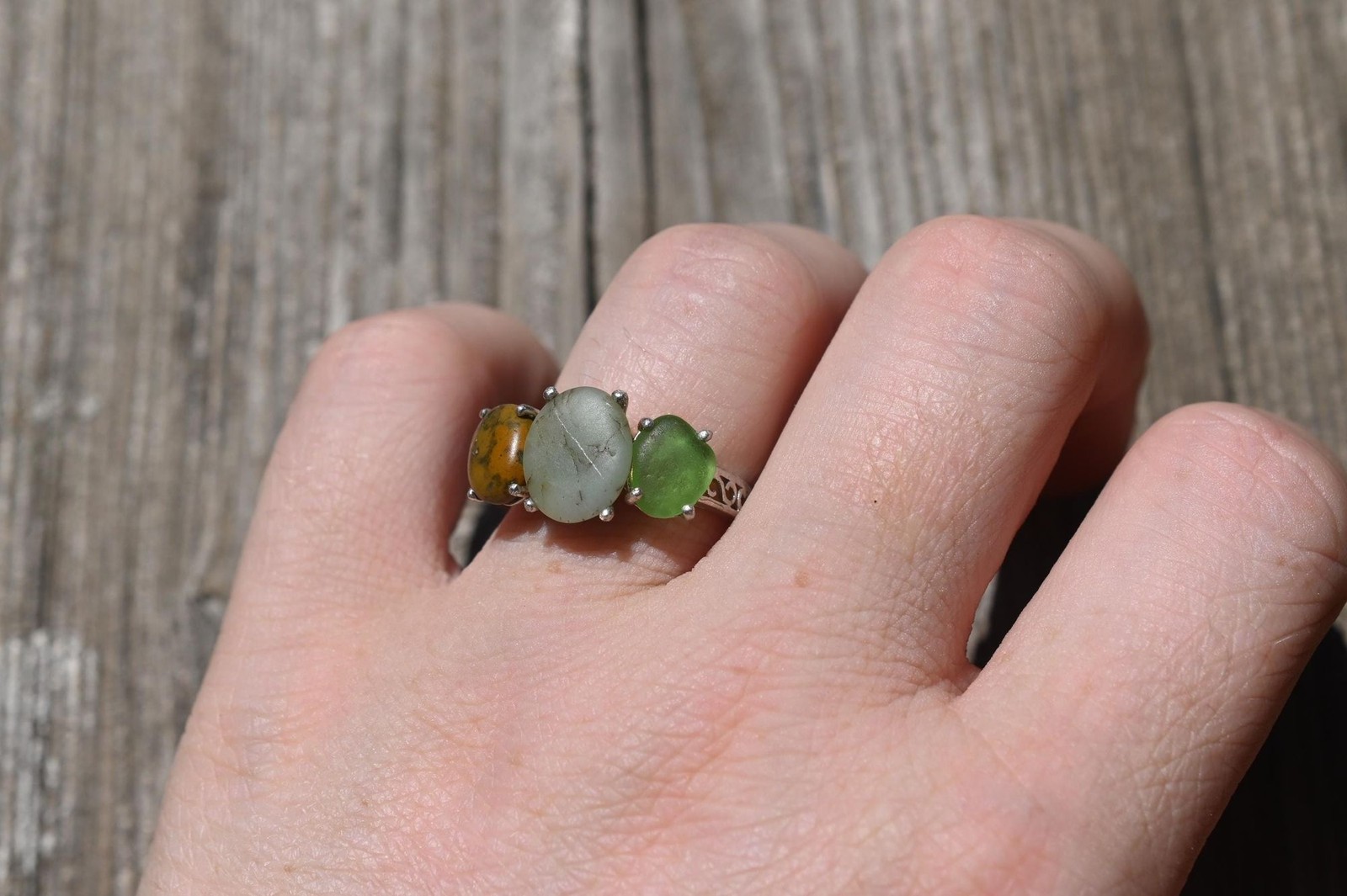Engagement ring Jasper and green beach glass sterling silver size 3 4 5 6 7 8 9