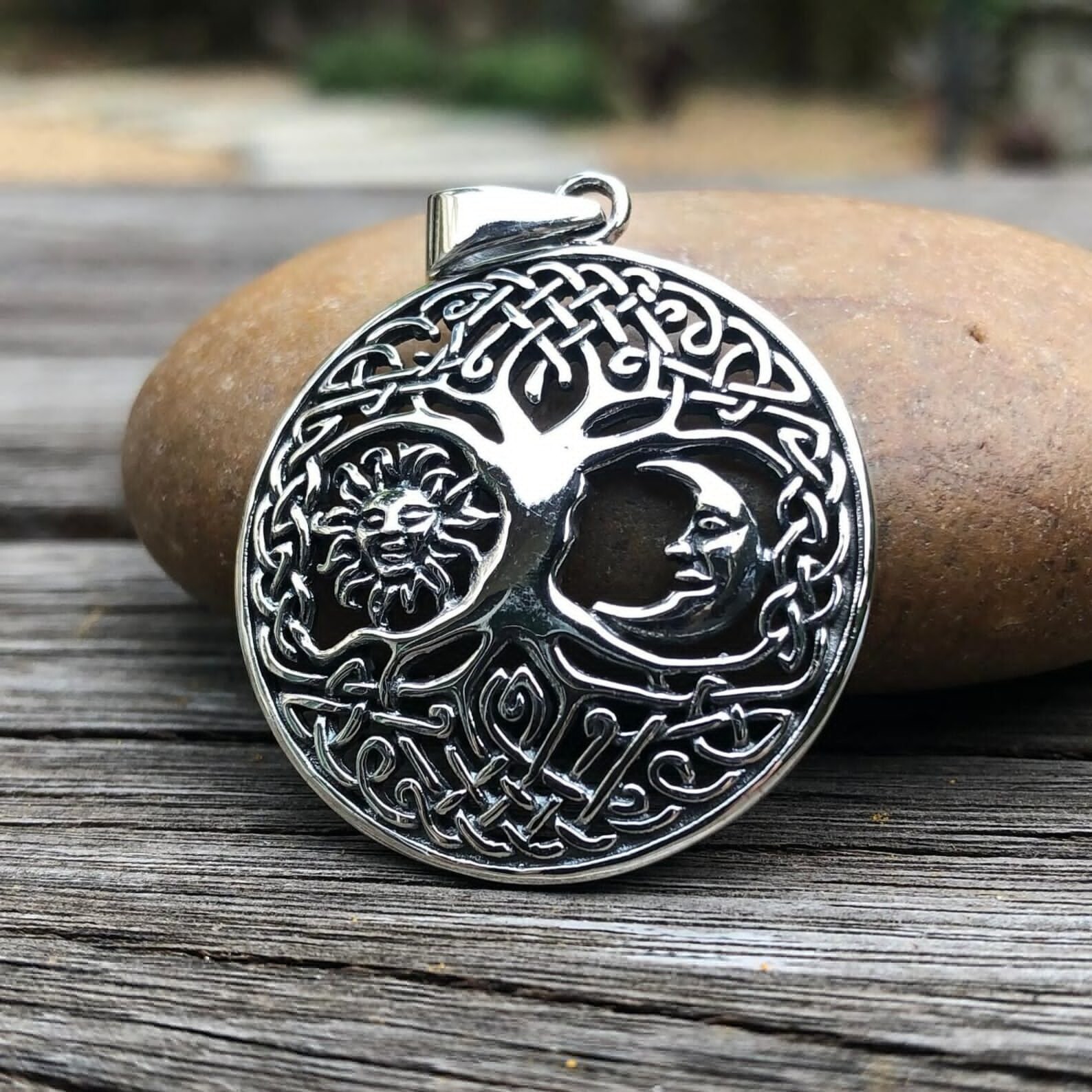 Handcrafted 925 Sterling Silver Tree of Life Sun & Moon Viking Yggdrasil Pendant
