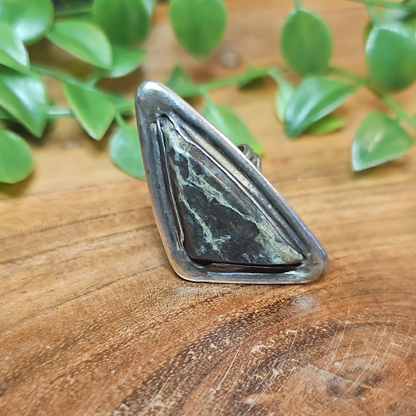 Vtg 925 Sterling Kambaba Jasper Statement Shield Asymmetrical Ring 13g Sz 7.5