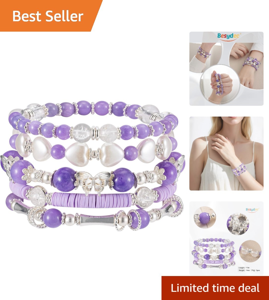 Luxury Purple Amethyst and Pearl Heart Bracelet | Stackable Boho Charm for Women