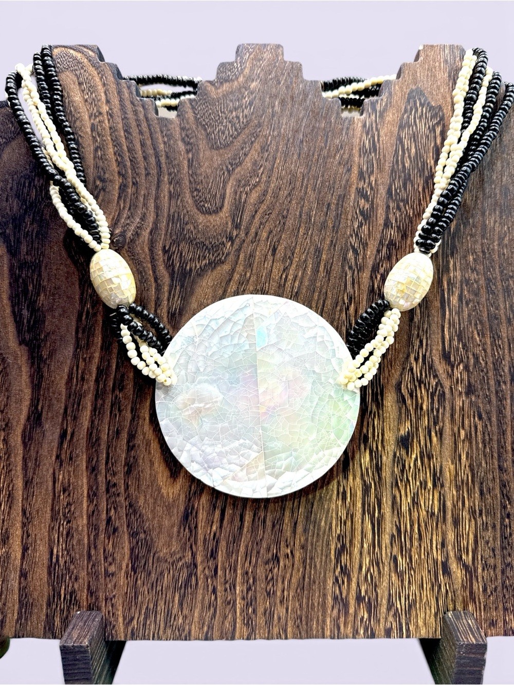 XL 1970s Mother of Pear Mosaic Pendent Multi-Strand Necklace, Bone, Seed Bead